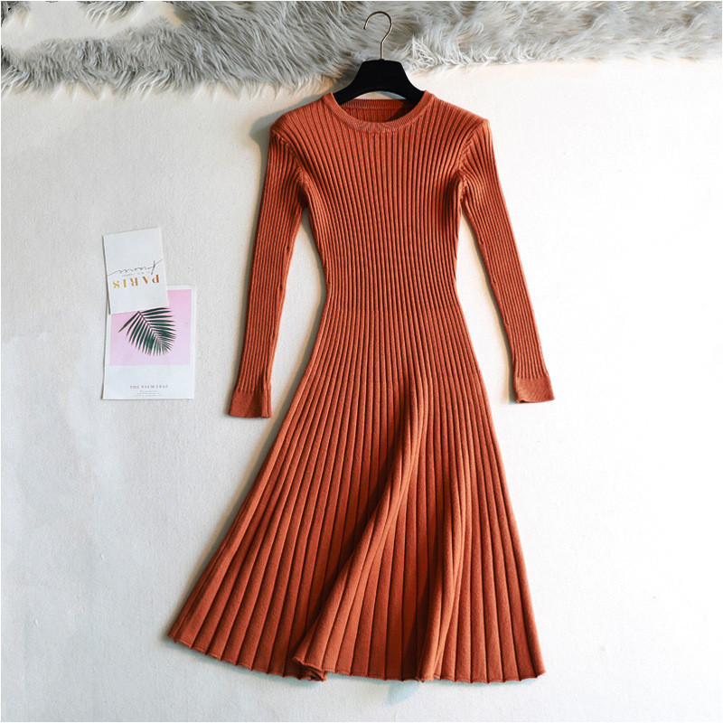 Round Neck Knitted Long Sleeve A- Line Dress Winter Warm Skirt