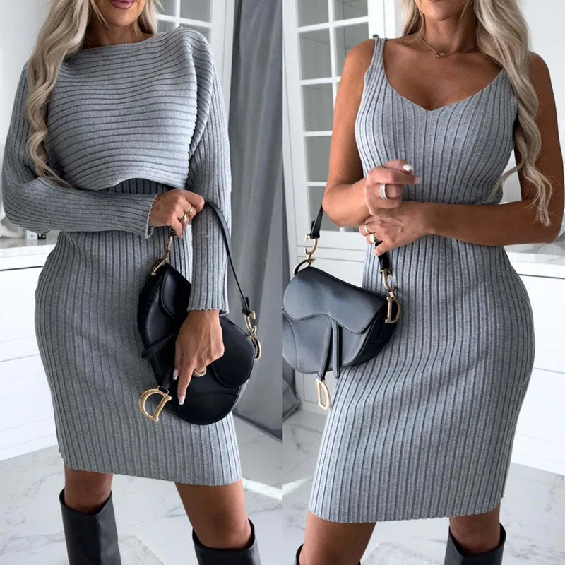 2pcs Suit Women's Solid Stripe Long-sleeved Top and Tight