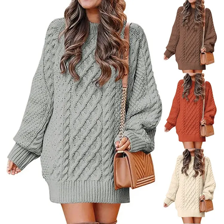 Women's Round Neck Long Sleeve Twisted Knitted Mid-length Dress