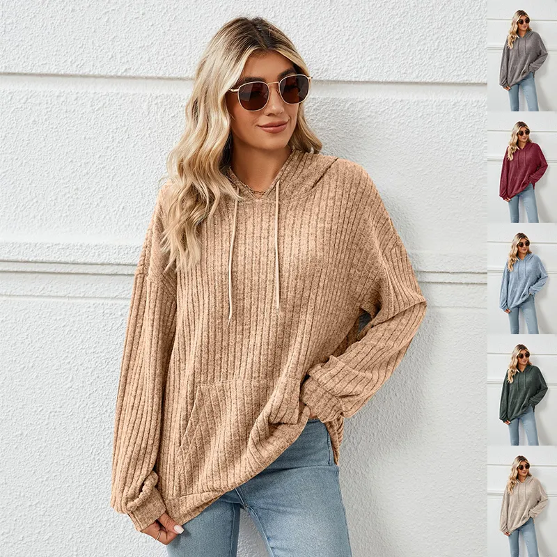 Knitted Sweater with Hooded Pit Stripe Kangaroo Pocket
