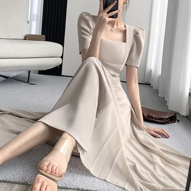 French Style Square Neck High end Short Sleeved Dress Milk Grey - Shop at LoveMi
