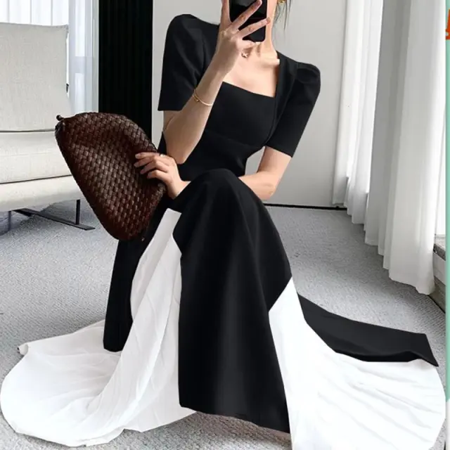 French Style Square Neck High end Short Sleeved Dress Black - Shop at LoveMi