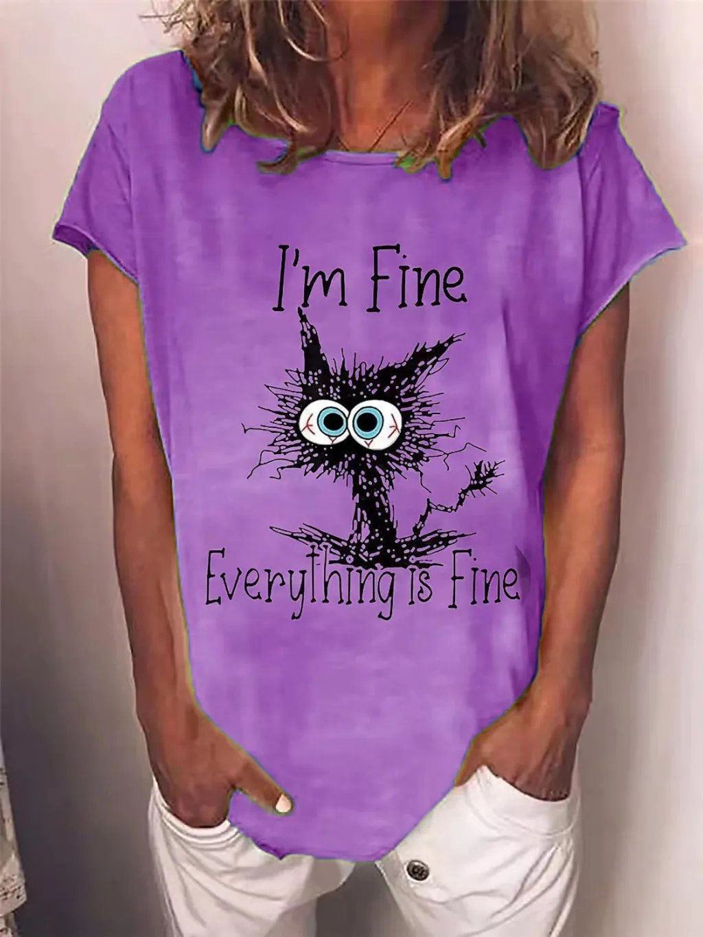 English Printed T-shirt Pullover Round Neck Casual Short Sleeve Women's Wear - Purple