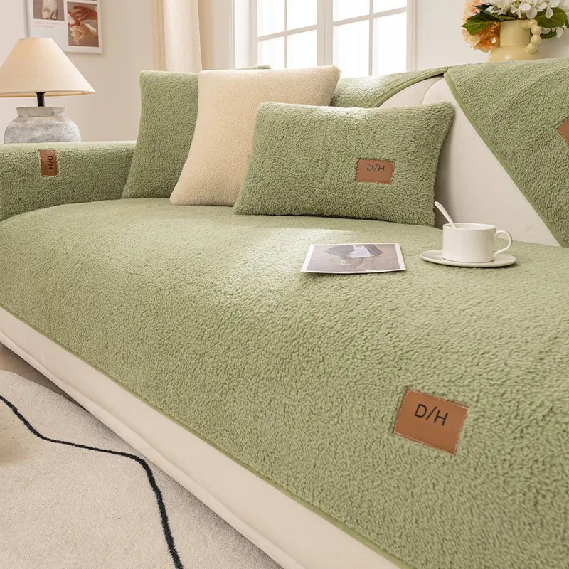 Winter Lambskin Thickened Fleece Non-slip Leather Sofa Cover - Lamb Velvet Matcha
