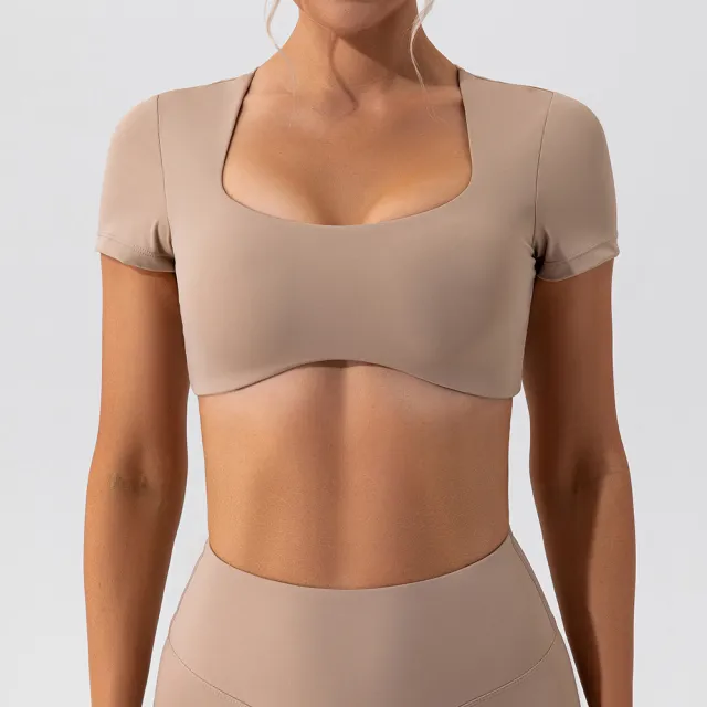 Running Sports Top Women's Quick Dry Nude Fitness Short Sleeve T shirt Camel - Shop at LoveMi