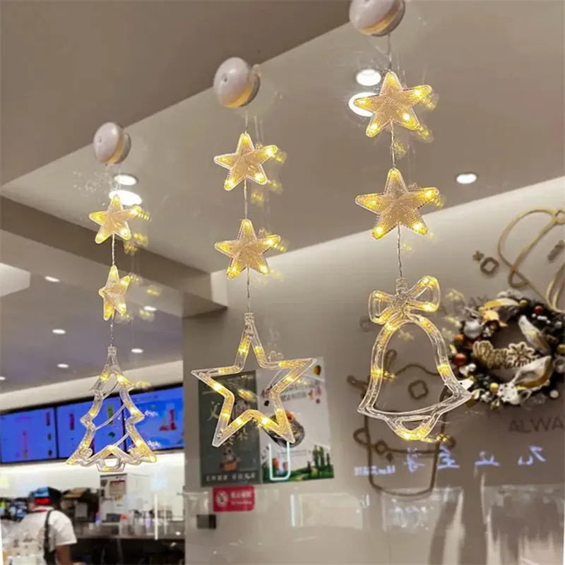 Christmas 3pcs LED Light Star Xmas Tree Hanging Sucker Lamp Window Ornaments Decoration For Home Xmas Navidad New Year Decor Christmas Decorations – image 2
