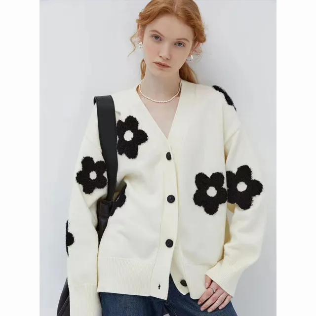 V neck Three dimensional Inlaid Lazy Flower Knit Shirt White - Shop at LoveMi