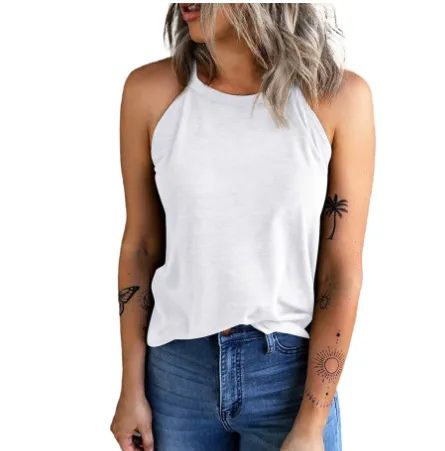 Slim Fit Bottoming Round Neck Pure Color Halter Sleeveless Women's Top White - Shop at LoveMi