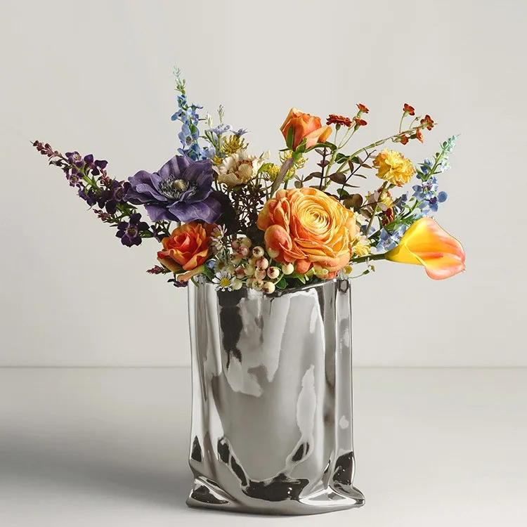Vase of Dried Flowers Electroplated Silver Ceramic Floral Soft