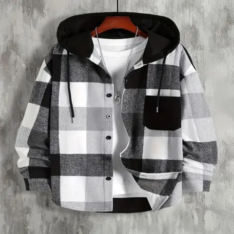 Men's Thickened Outer Wear Plaid Hooded Pocket Long Sleeve