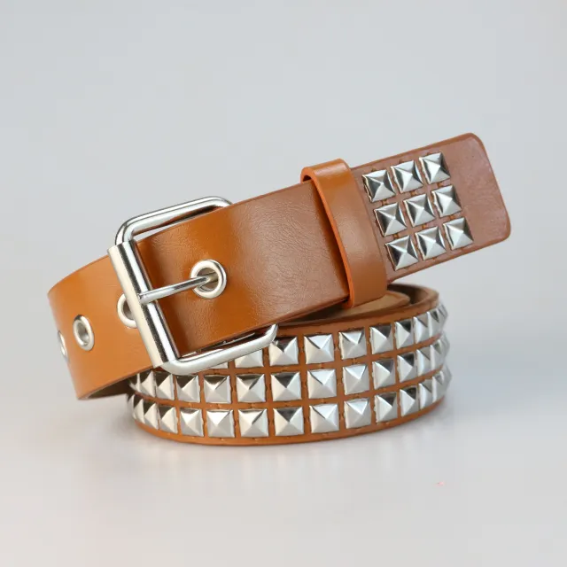 Punk Hardware Square Bead Rivet Pin Buckle Metal Belt Coffee - Shop at LoveMi