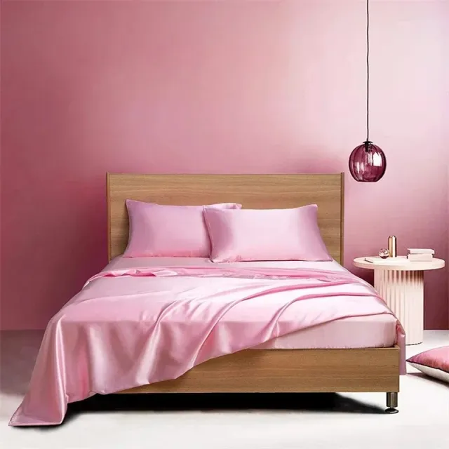 Four piece Set Of Silk Bedding Sheets And Fitted Sheets Pink - Shop at LoveMi
