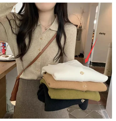Polo Collar Bottoming Shirt Women's Cardigan Sweater White - Shop at LoveMi