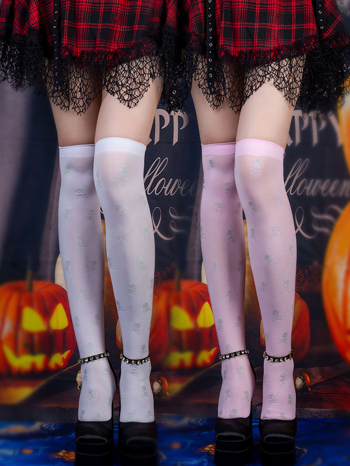Halloween Black Over-the-knee Printed Skull Thigh High Socks - Image 3