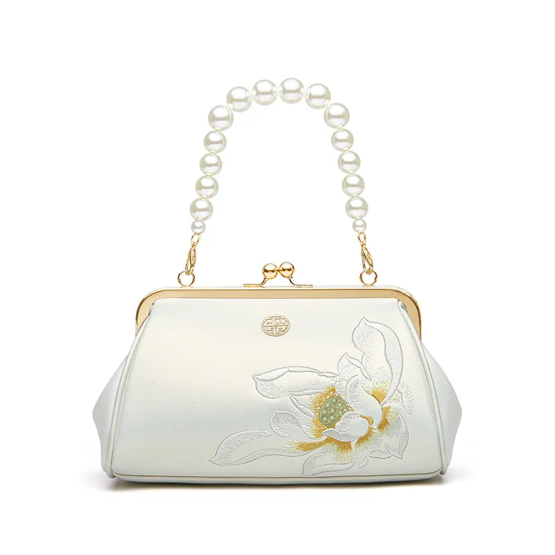 Clutch Bag Han Bag Hand Embroidered Cowhide Small Bag - White