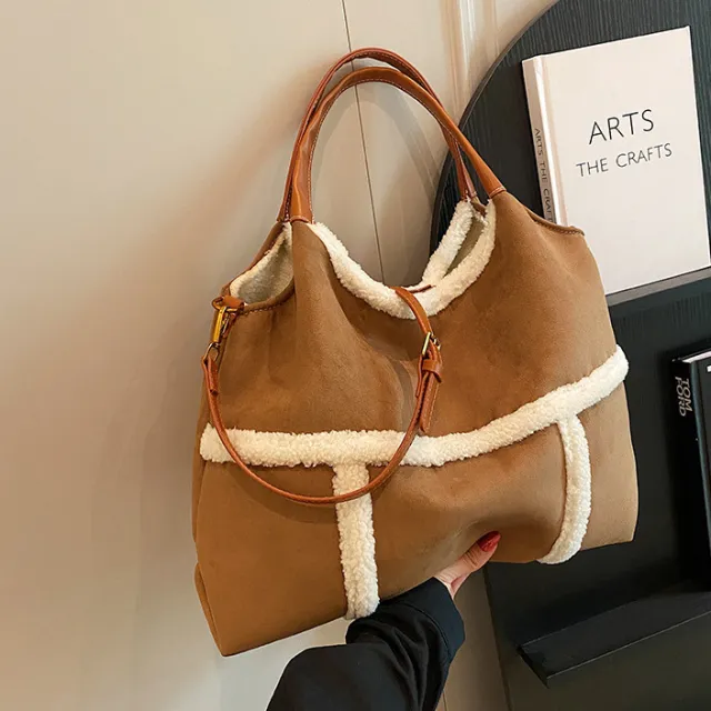 Women Plush Totes Casual Large capacity Suede Handbag Winter Bags Brown - Shop at LoveMi