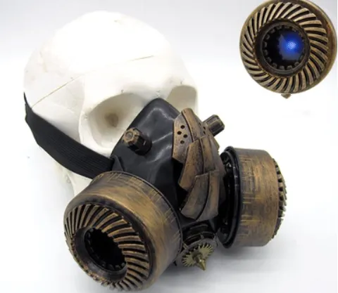 BadBoyStudio steampunk glasses cyber glow mask gas mask - Golden Mask With Blue Light