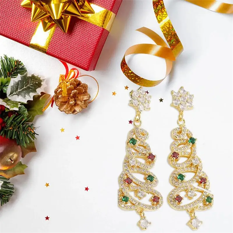 New Full Inlaid Colorful Zircon Christmas Tree Tassel Earrings Women's Fashion Personality Earrings Party Jewelry Christmas Gift – image 3