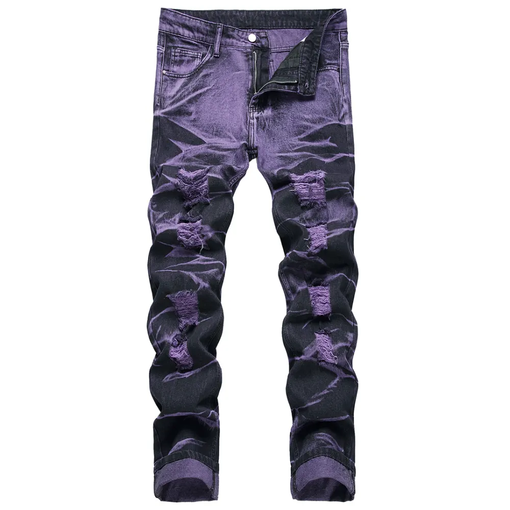 Purple and Black Fried Ripped Denim Trousers