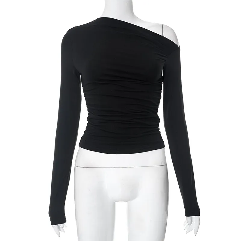Women's Autumn And Winter New Long Sleeve One-shoulder Cold-shoulder Style Top - Black
