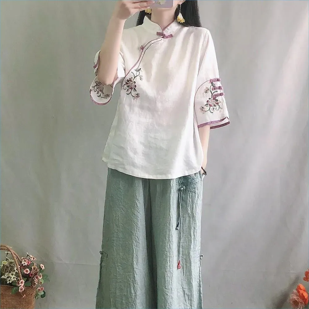 Women's Vintage Cotton Linen Shirt Standing Neck Button Middle Sleeve Top - White