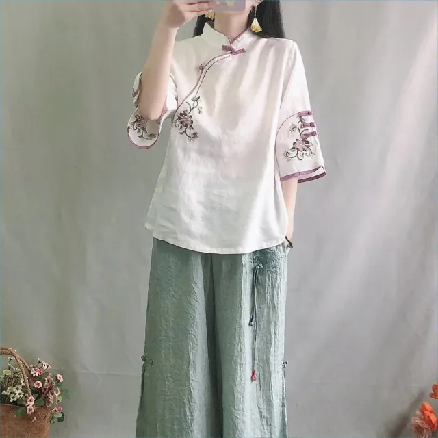 Women's Vintage Cotton Linen Shirt Standing Neck Button Middle Sleeve Top White - Shop at LoveMi