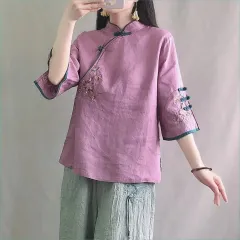 Women's Vintage Cotton Linen Shirt Standing Neck Button Middle Sleeve Top - Purple - View 1