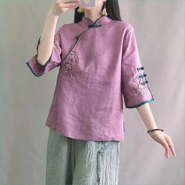 Women's Vintage Cotton Linen Shirt Standing Neck Button Middle Sleeve Top Purple - Shop at LoveMi