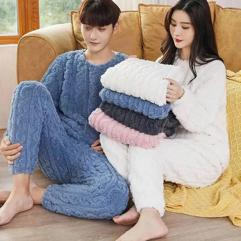 Winter Pajamas Sets Homewear Solid Color Loose Thickened Coral