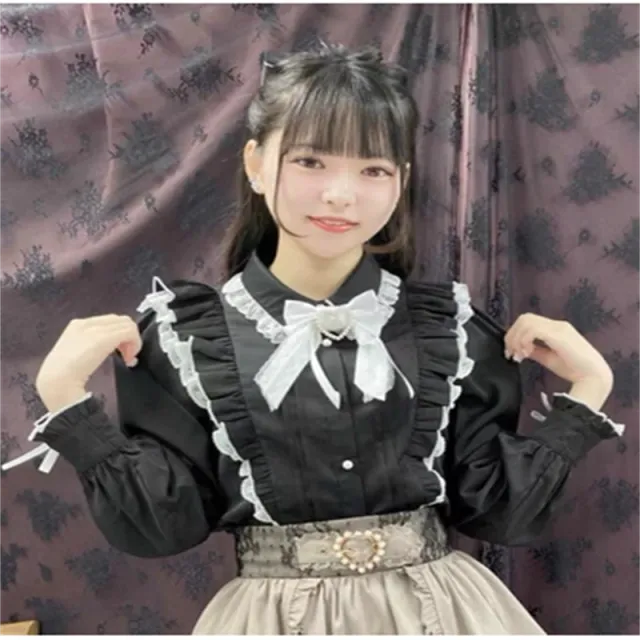 Doll Collar Bow Love Lace Lace Blouse Black - Shop at LoveMi