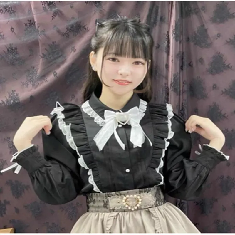 Doll Collar Bow Love Lace Lace Blouse - Black