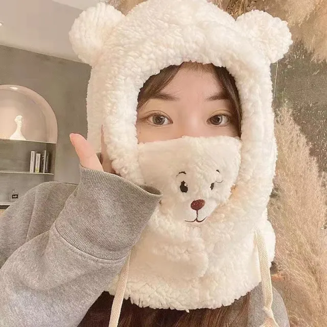 Cute Bear Plush Hat Winter Warm Thickened Scarf With Mask Anf Drawstring Design White Add Lens - Shop at LoveMi