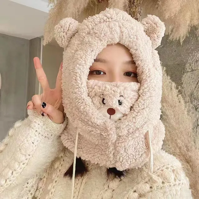 Cute Bear Plush Hat Winter Warm Thickened Scarf With Mask Anf Drawstring Design Beige Add Lens - Shop at LoveMi