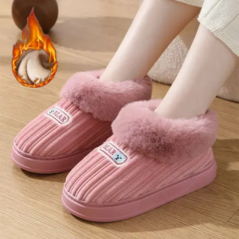 Winter Warm House Slippers Woman Plush Covered Heel Cotton
