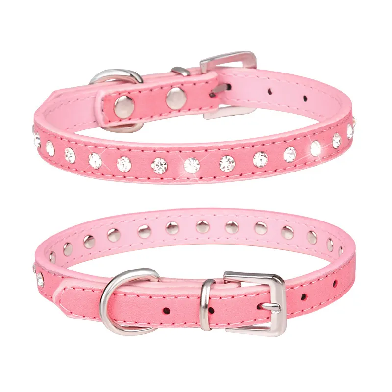 Diamond-studded pet collar shiny row of diamond rhinestone dog ring microfiber soft and comfortable collar dog supplies - Pink2.