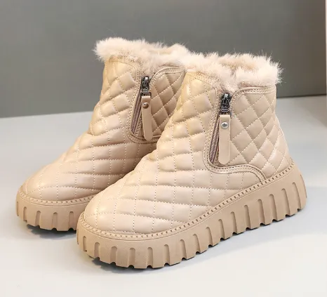 Women's Plaid Pattern Platform Ankle Boots Casual Side Zipper Plush Lined Snow Boots Winter Comfortable Short Boots - Khaki
