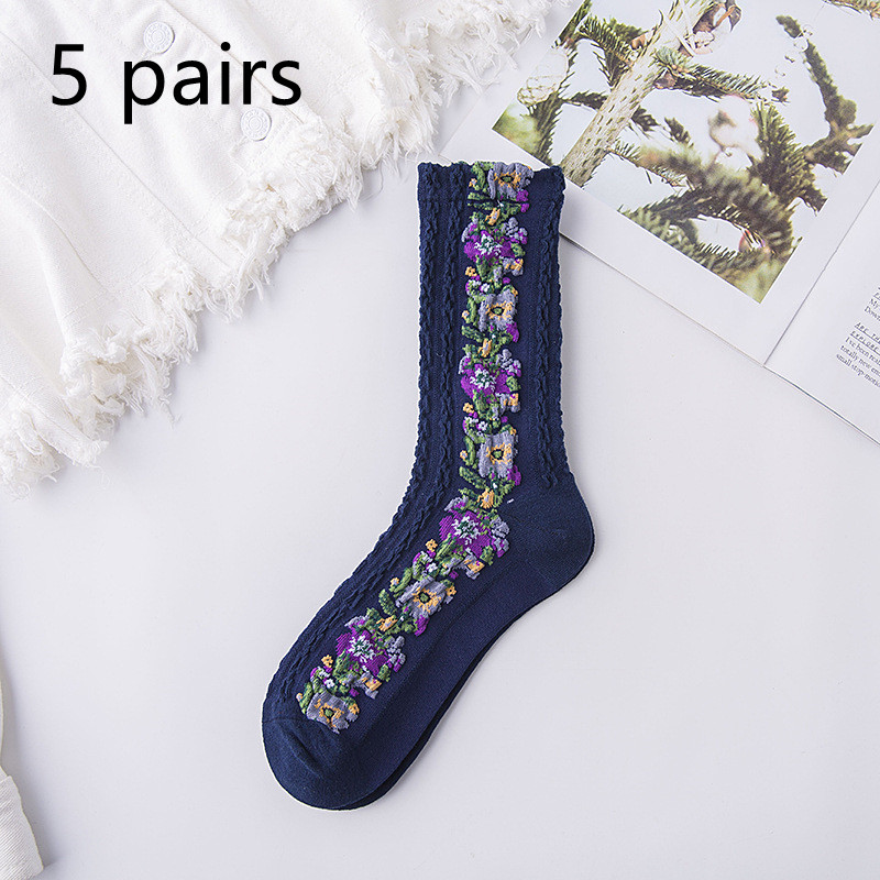 Autumn And Winter New Cotton Retro Hemp Pattern Women's Mid calf Length Sock Stockings Dark Blue5 Pairs - Shop at LoveMi