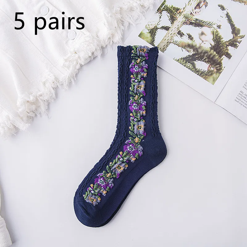 Autumn And Winter New Cotton Retro Hemp Pattern Women's Mid-calf Length Sock Stockings - Dark Blue5 Pairs