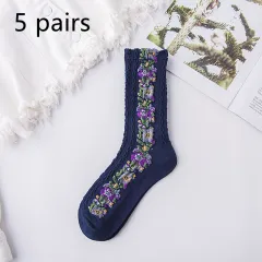 Autumn And Winter New Cotton Retro Hemp Pattern Women's Mid-calf Length Sock Stockings - Dark Blue5 Pairs - View 1