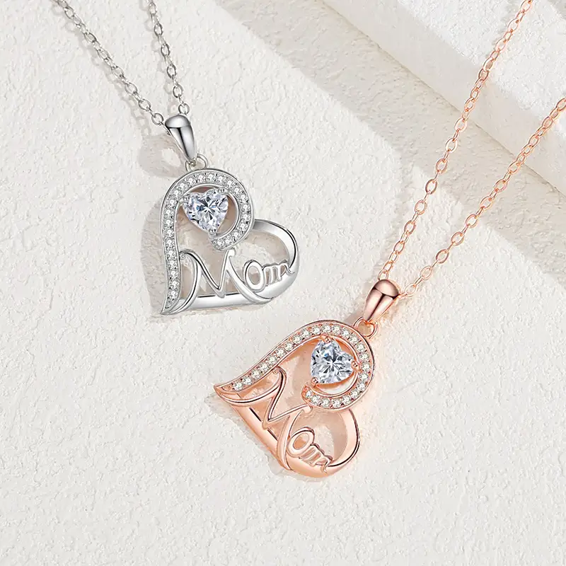 Heart-shaped MOM Necklace Women's Sterling Silver Diamond