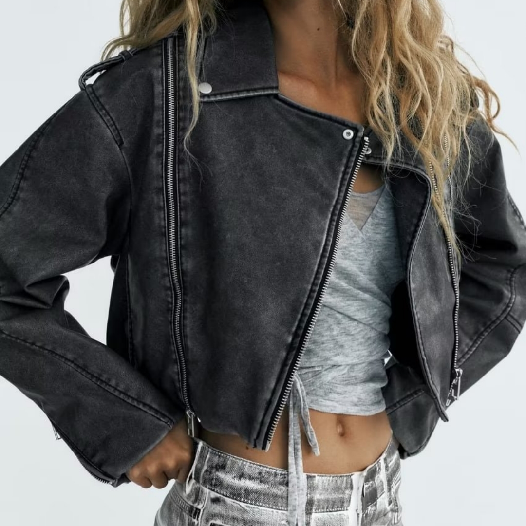 Women's Clothing Distressed Effect Imitation Leather Motorcycle Jacket Coat - Image 12