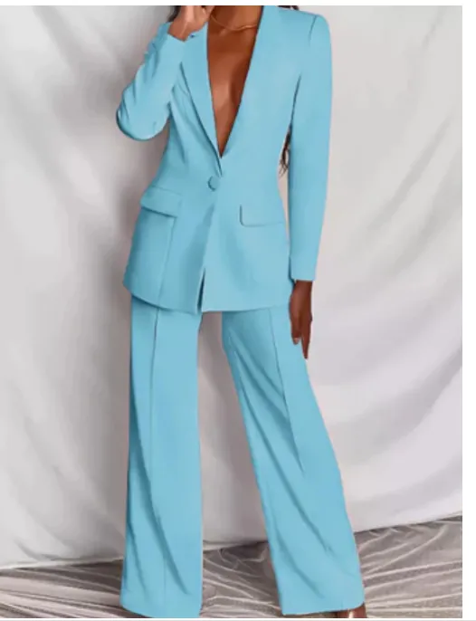 Set Spring Elegant Solid Long Sleeve Blazer Suit And Pants For Women Autumn Classic OL Street Outfit - Light Blue