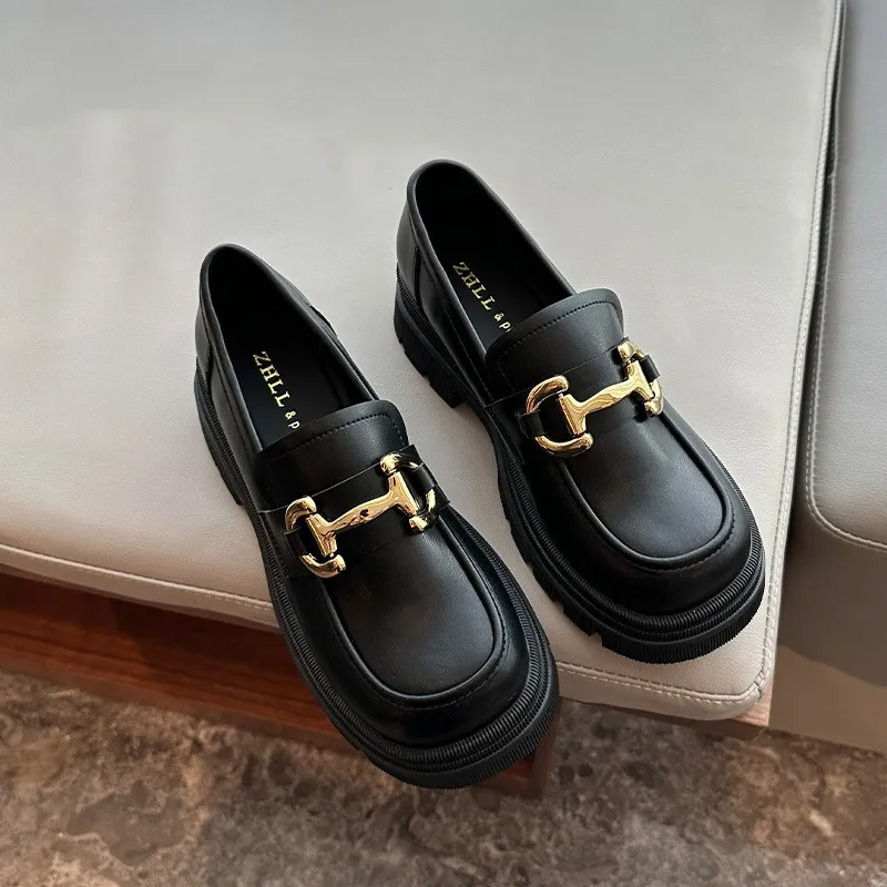 Platform Loafers Square Toe Slip-on Small Leather Shoes - Black