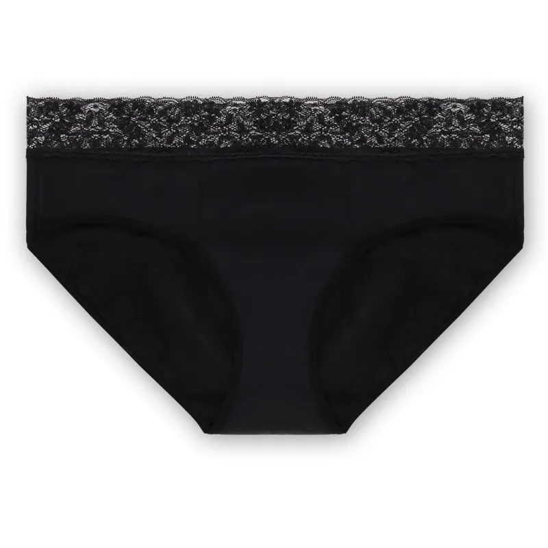 Mid-rise Waist Hollow Lace Four-layer Sanitary Panty - Black