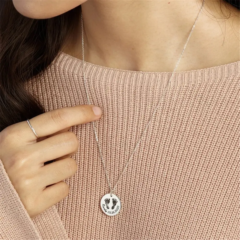 Baby Footprints Metal Necklace Name Birthday