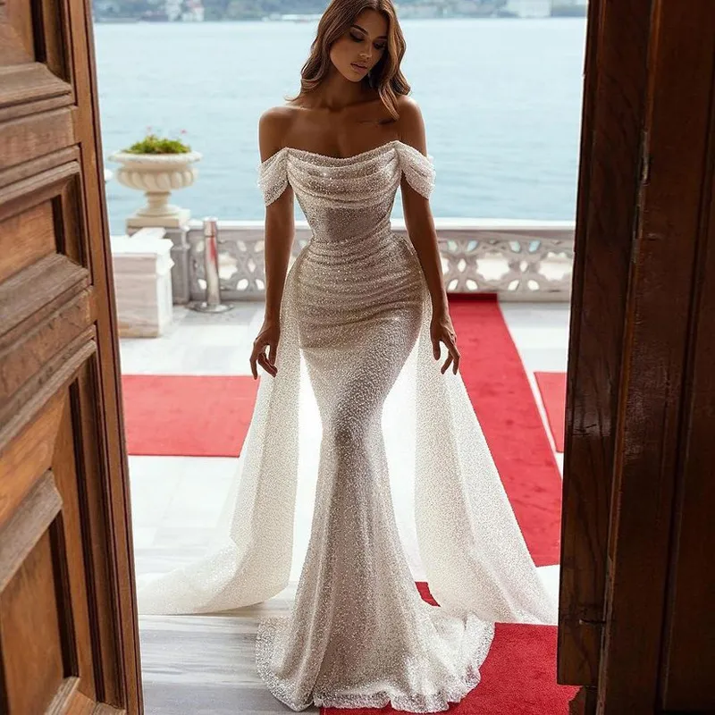 New Women's Off-the-shoulder Formal Dress Slim-fit Sheath Dress Solid Color - White