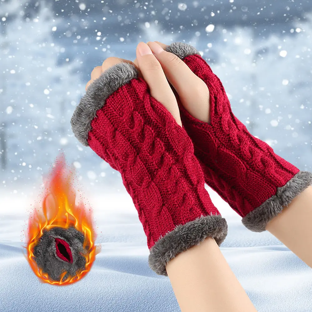 Winter Plush Gloves Twist Knitted Fingerless Fleece Women Warm