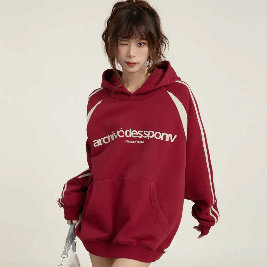 Female Autumn Oversize Hooded Pullover Sweater Crowd - Red