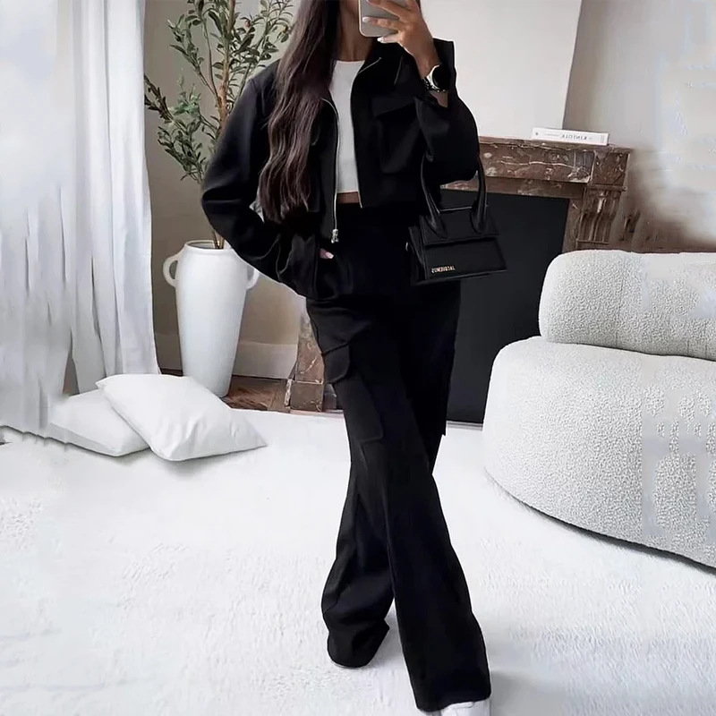 Fashion Solid Color Zipper Short Jacket Slim Fit Overalls Suit