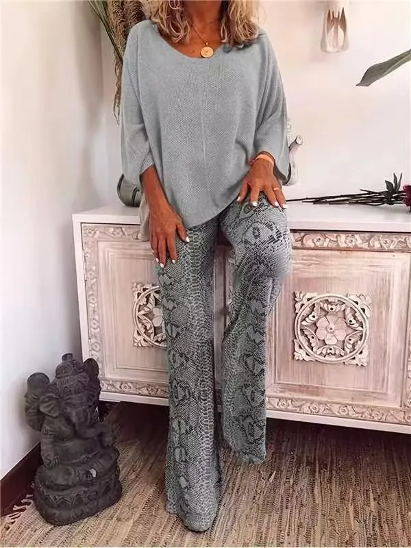 Women's Solid Color Top Printed Trousers Suit Gray - Shop at LoveMi